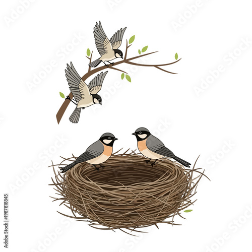 Cute Tits Birds Nesting and Flying Illustration