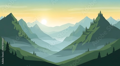 Serene Mountain Landscape at Sunrise Illustration.