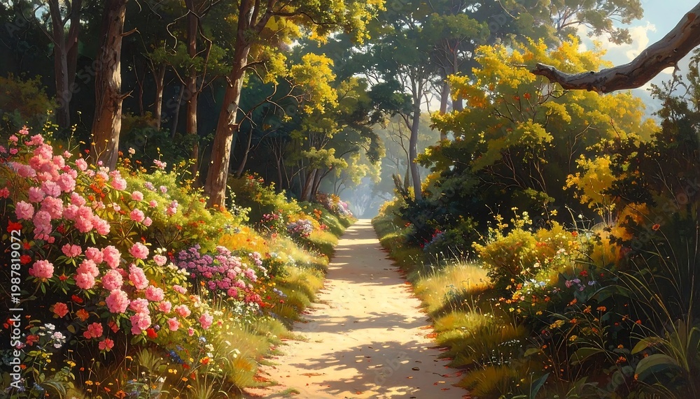 Fototapeta premium A serene forest path lined with vibrant flowers and trees