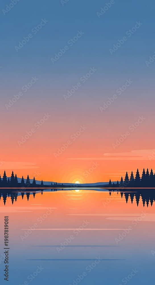 Obraz premium Serene lake landscape at sunset with trees.