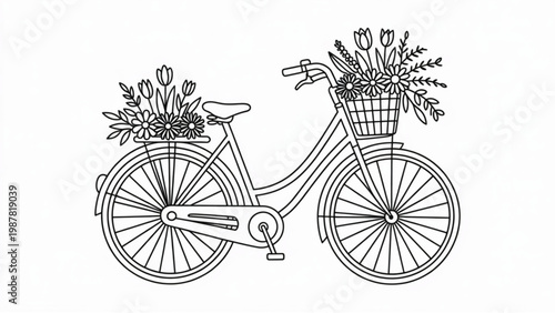 Cute Vintage Lady Bicycle with Spring Flower Basket Minimal Romantic City Ride Illustration Set