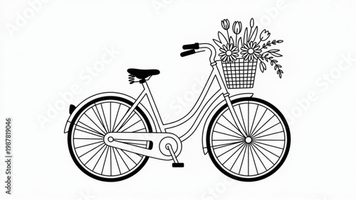 Cute Vintage Lady Bicycle with Spring Flower Basket Minimal Romantic City Ride Illustration Set
