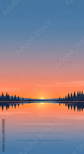 Serene lake landscape at sunset with trees.