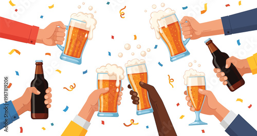Diverse Hands Holding Beer Glasses and Bottles Celebrating with Confetti