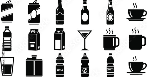 Black and white of various drinks and beverage containers bottle