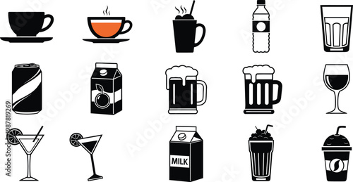 Black and white of various drinks and beverage containers drink beverage symbols coffee cup tea cup
