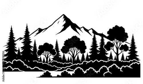 Forest silhouette with mountains vector landscape trees outdoor hiking nature scene
