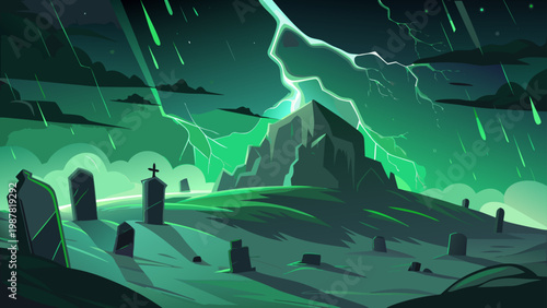 Eerie graveyard landscape with striking lightning storm adding dramatic and spooky atmosphere for Halloween