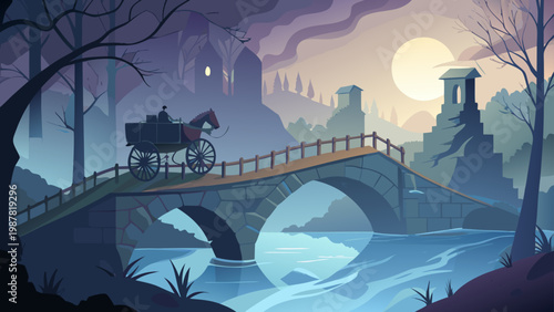 Enchanting horse carriage crossing a stone bridge under the moonlit sky, romantic adventure escape