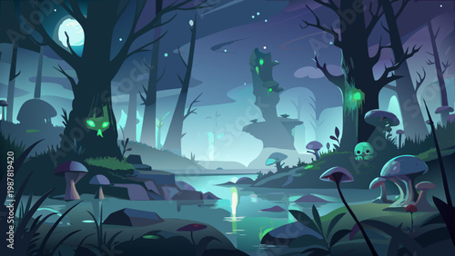 Enchanted moonlit forest scene with glowing skull and mystical mushrooms, perfect for fantasy illustrations