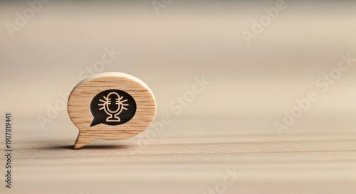 Wooden Speech Bubble Icon With Microphone Symbol Represents Podcast Recording and Audio Communication