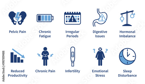 Women health icons set representing common symptoms and medical conditions including pelvic pain fatigue irregular periods digestive issues hormonal imbalance infertility emotional stress reduced prod