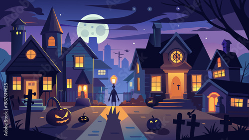 Spooky Halloween night with eerie houses, glowing pumpkins, and a ghostly figure under a full moon