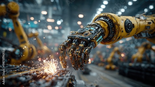 A robotic arm is welding in a modern industrial factory setting