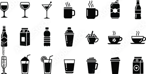 Black and white of various drinks and beverages coffee