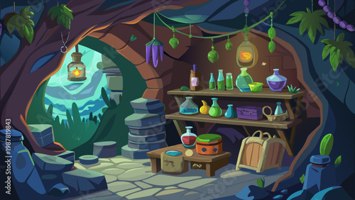 Mystical alchemist's workshop filled with potions and magic, a serene and whimsical fantasy setting,vector