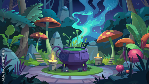 Enchanting forest scene with cauldron and magic, a whimsical, fantasy-filled illustration for storybooks