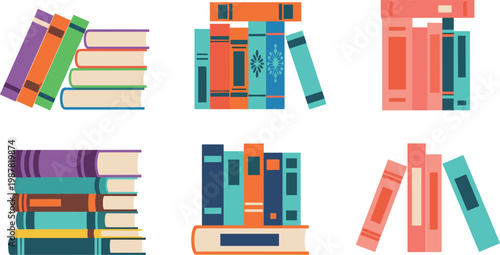 Colorful Book Set with Stacked and Arranged Books for Education, Library, and Bookstore Design IllustrationsColorful Book Set with Stacked and Arranged Books for Education, Library, and Booksto