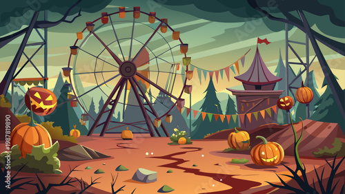 Halloween carnival at dusk with pumpkins, fun fair rides, and spooky decorations for autumn celebrations