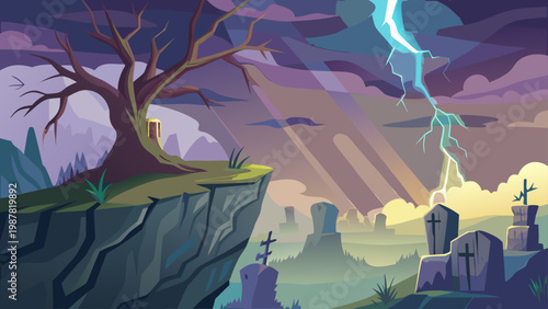 Eerie Halloween graveyard scene with lightning and gothic mood, perfect for spooky season designs