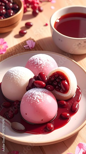 A plate with pink and white mochi desserts, surrounded by red bean sauce and cherries, set on a wooden surface. A teacup is in the background