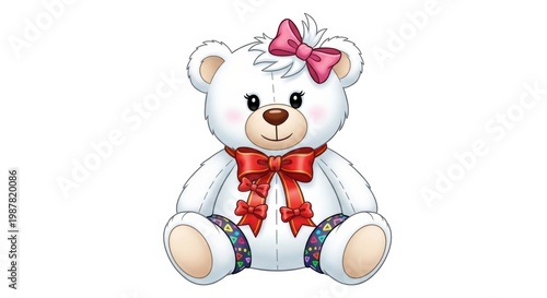 A white teddy bear with a pink bow on its head isolated on white background