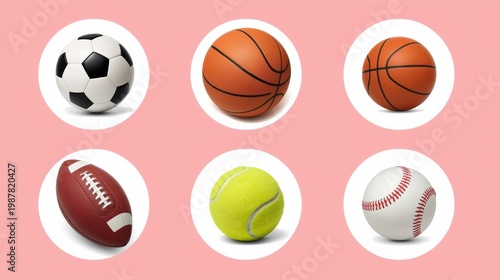 Collection of sports balls on pink background isolated on white background