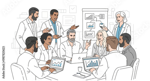 Diverse medical team in a meeting, discussing research data and graphs on laptops and whiteboard.