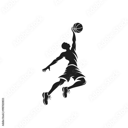 Dynamic basketball player silhouette performing a slam dunk, athletic man jumping with ball vector, black and white sports action graphic for logo design