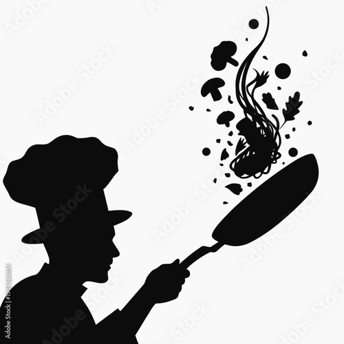 Chef silhouette tossing food in frying pan, professional cook preparing meal with flying ingredients, restaurant kitchen culinary vector art