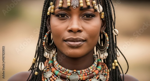 Closeup portrait of a woman with traditional african braids and colorful jewelry