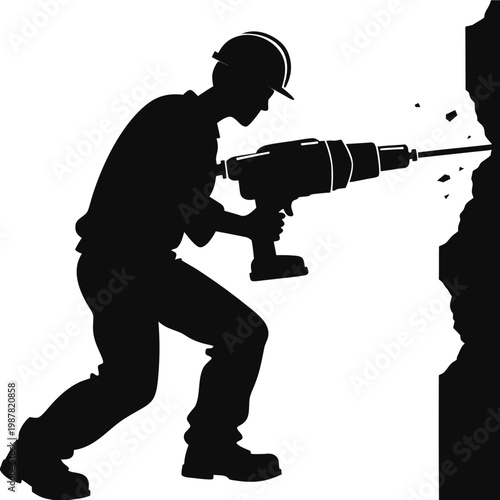 Construction worker silhouette using jackhammer, professional builder with pneumatic drill vector, industrial laborer drilling wall