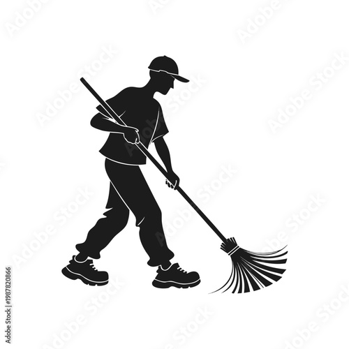 Professional janitor silhouette sweeping with broom, male cleaner worker vector icon, sanitation service staff member in uniform