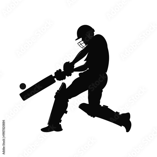 Cricket batsman silhouette hitting a ball, black vector illustration of a cricket player in action, professional athlete sports graphic