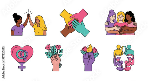 Feminist Symbols and Unity: Hands, Heart, Flowers, Women Embracing