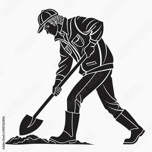 Construction worker silhouette digging with shovel vector, manual laborer in hard hat and boots, industrial worker excavating ground