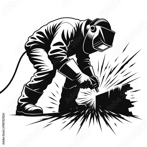 Industrial welder vector illustration, professional metalworker in protective gear with welding torch, black and white worker silhouette with sparks