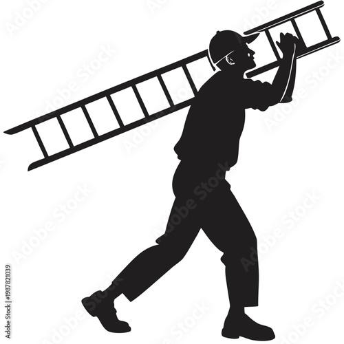 Black silhouette of handyman carrying a ladder, professional construction worker vector icon, male repairman with equipment for home maintenance
