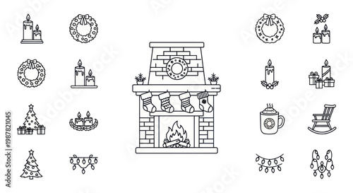 Christmas Icons Line Art: Fireplace, Wreaths, Candles, Tree, Gifts, Ornaments
