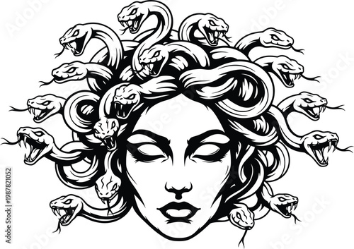Medusa head with snakes hair illustration black and white graphic resource line art mythology illustration creature mythical character folklore venomous powerful stylized symbolic