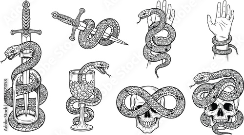Macabre icons: snakes entwined with dagger skull hand body part black and white illustration mythology mysterious engraving artistic detailed intricate abstract traditional supernatural