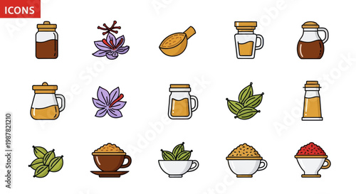 Saffron Spice Icons: Flower, Threads, Powder, Seeds, Oil, Leaves in Jars and Bowls