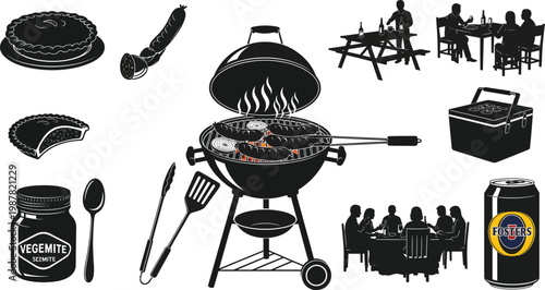 Barbecue and picnic icons set in silhouette with outdoor living barbecue silhouette illustration gathering utensils celebration vegetable drinkware container
