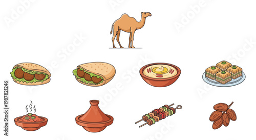 Middle Eastern Cuisine & Camel Icon Set: Falafel, Hummus, Tagine, Kebabs, Baklava, Dates