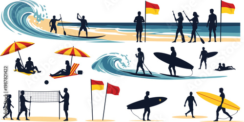 Beach scene with surfers lifeguards umbrellas and volleyball beach life lifeguard umbrella volleyball silhouette activity recreation vacation relaxation lifestyle collection watersport