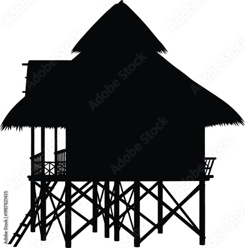 Silhouette of a thatched roof stilt house with black and white rural house simple house native house tropical house holiday home weekend house silhouette building architecture traditional