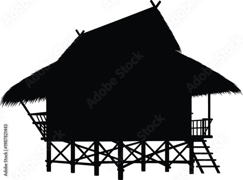 Thatched hut on stilts silhouette with black and white rural house simple house native house tropical house holiday home weekend house silhouette building architecture traditional structure