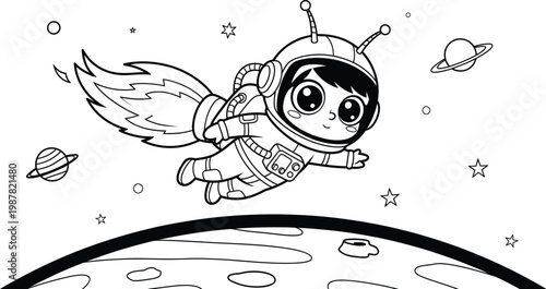 Cute cartoon astronaut child flying through outer space with a rocket-like tail and planets line art zero gravity kid astronaut baby astronaut space suit astronaut illustration childlike