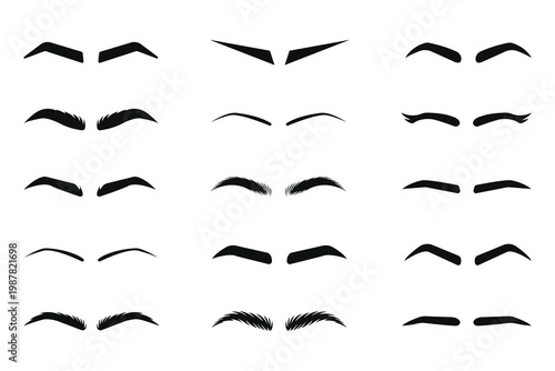 Eyebrow shapes and styles collection featuring various grooming arches for beauty makeup and facial aesthetics icon vector illustration.