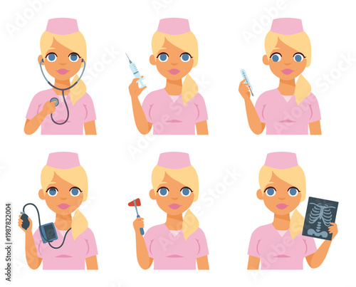Nurse demonstrating medical equipment smiling various poses cartoon character pink uniform isolated white background tools stethoscope syringe thermometer blood pressure reflex hammer xray